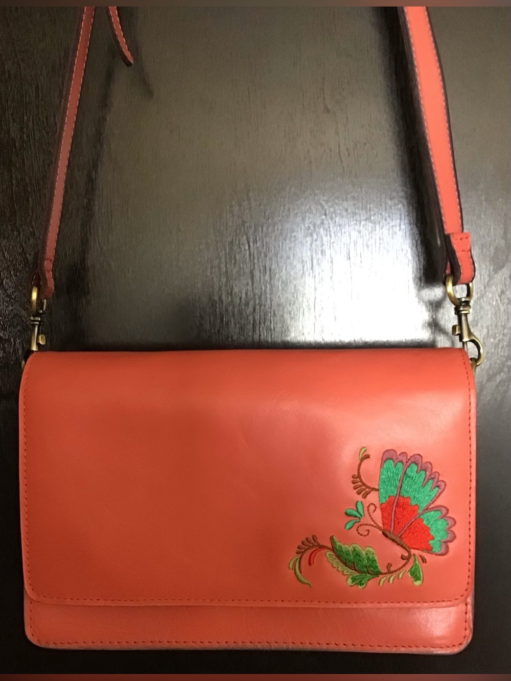 Patricia Nash Coral Leather Crossbody with Embroidered Butterfly